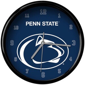 black rimmed clock with navy face, Penn State, and Athletic Logo